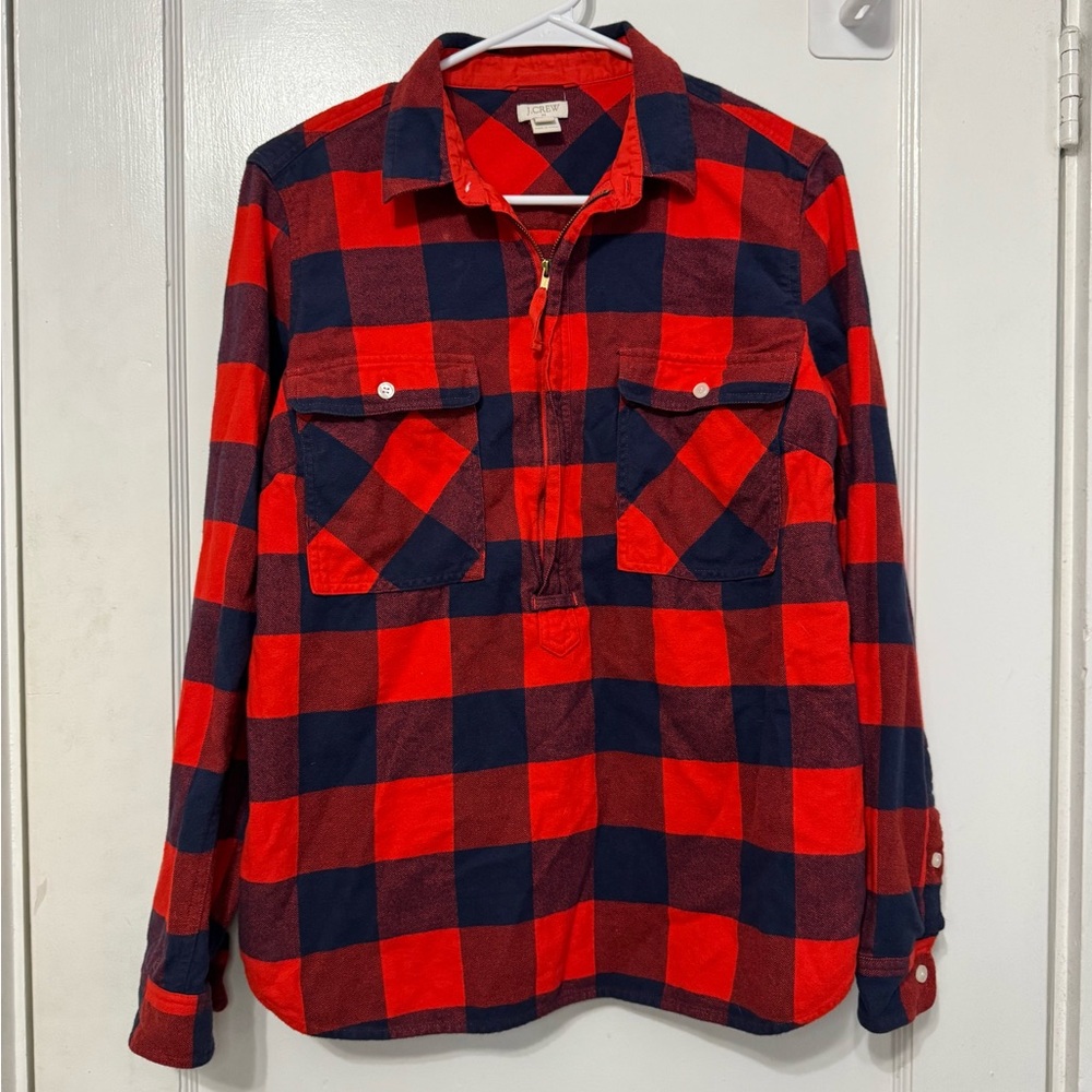 J. Crew Women's Small Red and Blue Checkered Half Zip Flannel Shirt